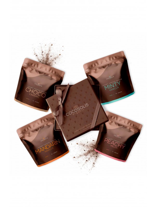 Cocosolis Luxury Coffee Scrub Box (Luxusní box se 4 přírodními BIO scruby – 3 pro tělo a 1 pro obličej, 280g (4x70g))